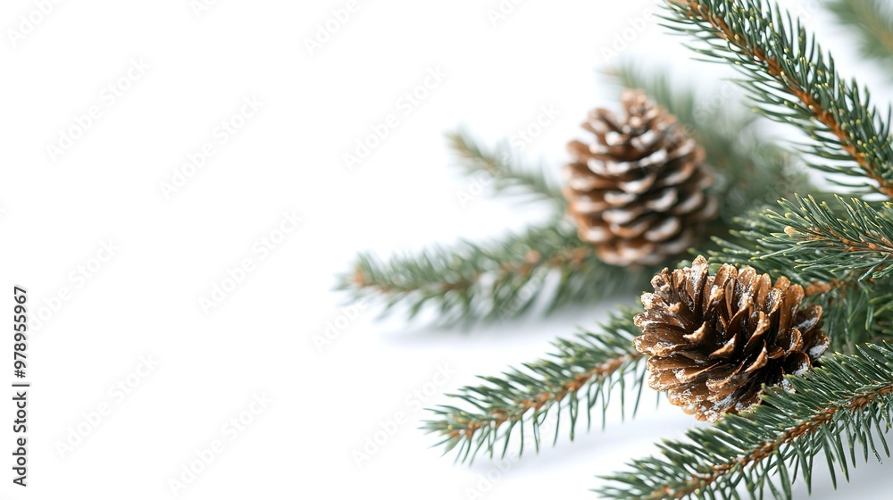 Canvas Prints Christmas Pine Branch. Close-up of Spruce Twig with Cones on White Background