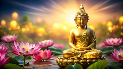 Obraz premium Golden Buddha statue sitting peacefully among lotus flowers , meditation, spirituality, serene, sculpture, religious