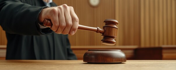 A judge's hand striking a gavel in a courtroom, symbolizing authority, justice, and legal proceedings.