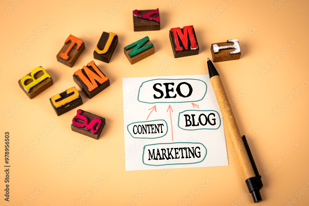 Poster seo concept. blog content marketing. note sheet with text and chart