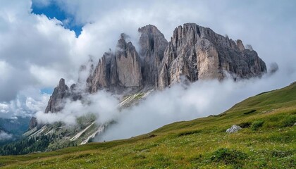 A majestic mountain range is shrouded in mist, with a verdant hillside in the foreground.