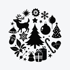 Christmas set of design elements silhouettes. Collection of Christmas icons on white background.