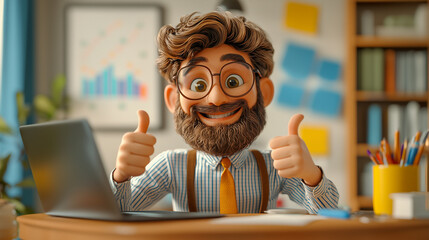 A 3D cartoon rendering of a cheerful bearded man with glasses, giving a thumbs up while sitting at his desk with a laptop