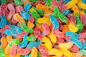 Assorted colorful gummy jelly candies. Top view. Jelly sweets.