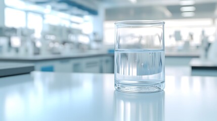 Close-up of glass beaker with clear liquid and floating indicator showing high lead levels, set on white countertop with copy space for text or design.