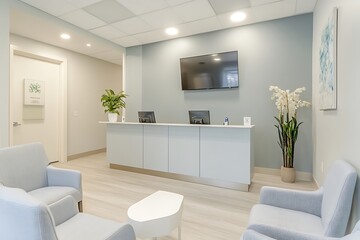 Minimalist Waiting Area with White Desk and Orchids