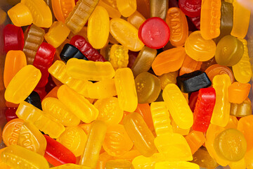 Assorted colorful gummy jelly candies. Top view. Jelly sweets.