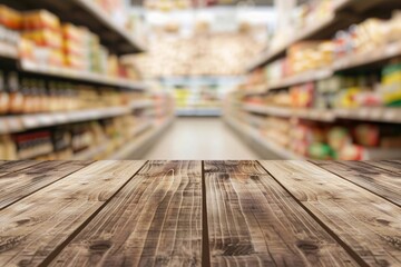 Empty wood table top with supermarket blurred background for product display