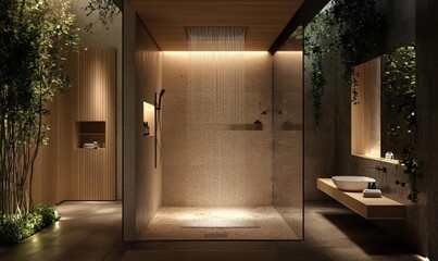 Modern bathroom with rain shower, wooden walls, and a sleek sink.
