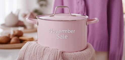 Pink Cooking Pot Displaying "November Sale" Surrounded by Cozy Sweaters and Pastries.