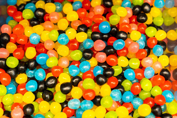 Assorted colorful gummy jelly candies. Top view. Jelly sweets.