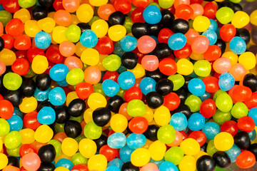 Assorted colorful gummy jelly candies. Top view. Jelly sweets.
