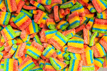 Assorted colorful gummy jelly candies. Top view. Jelly sweets.