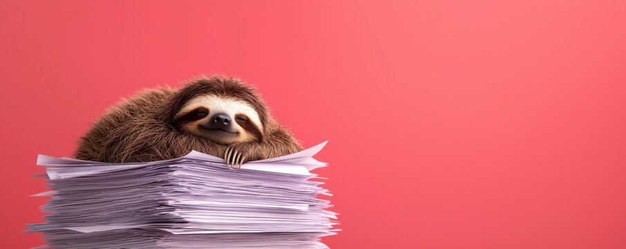 A charming sloth resting atop a pile of papers against a vibrant pink background, showcasing relaxation and tranquility.