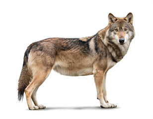 Wolf stehend isoliert auf weißen Hintergrund, Freisteller
