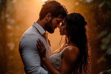 A romantic couple embraces lovingly in a golden-lit forest, surrounded by the warm glow of the sunset, evoking feelings of love, warmth, intimacy, and the beauty of nature.