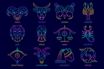 Fototapeta premium Collection of zodiac signswitg gradient colors on dark background.