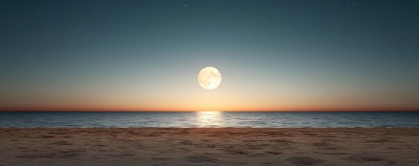 A serene seascape featuring a full moon rising over a calm horizon, creating a tranquil and picturesque atmosphere.