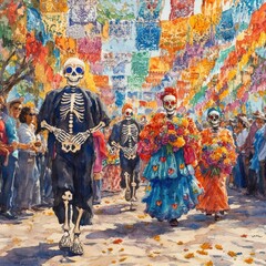 Fototapeta premium Day of the Dead Celebration Watercolor Illustration with Skeletons and Flowers