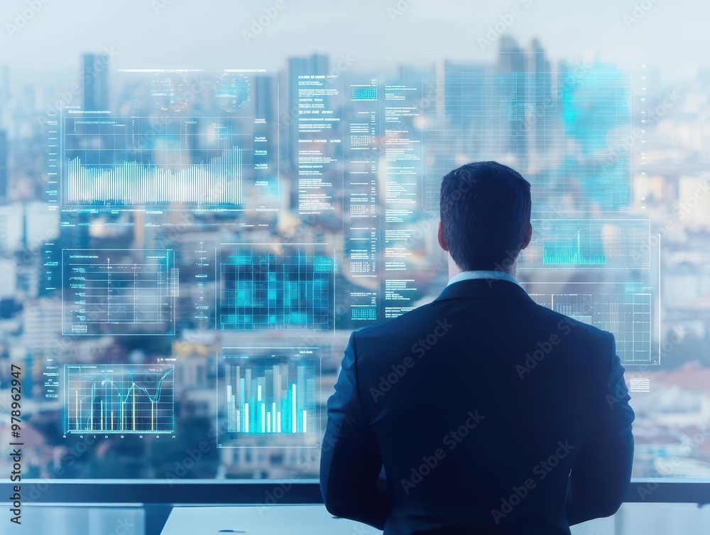 Aufkleber a business leader in a sleek office overlooking a city, surrounded by floating holographic sales dat
