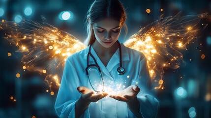 Naklejka premium Female doctor with sparkling light hands and feary wings 