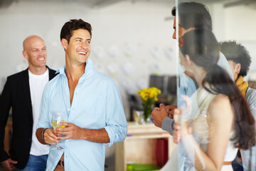 Office, business people and laughing with glass of wine, conversation and enjoying annual party. Colleagues, design team or celebrate with alcohol for startup success, work culture or creative agency
