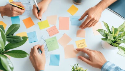 Dynamic Collaboration: A group of individuals engages in a creative brainstorming session, surrounded by colorful sticky notes and vibrant greenery, fostering innovative ideas and teamwork.