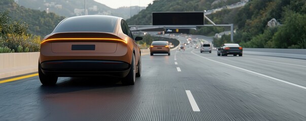 Obraz premium Futuristic cars driving on a modern highway, showcasing innovation and technology in transportation.