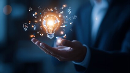 A vivid representation of innovation and creativity, showcasing a glowing light bulb surrounded by symbols of knowledge and technology in an inspiring business environment.