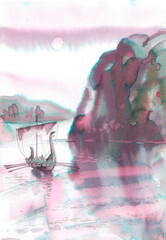 A Viking ship sails near a rock - this is a hand-drawn drawing on paper with colored ink.