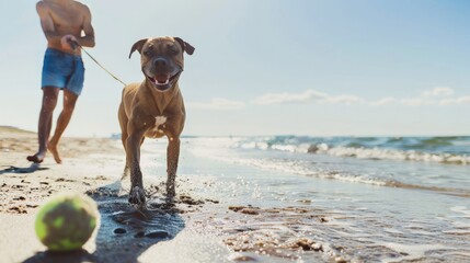 Dog playing fetch with its owner on a sunny beach