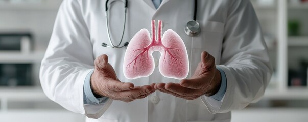 A doctor holding a graphic representation of lungs, symbolizing respiratory health and medical care for patients.