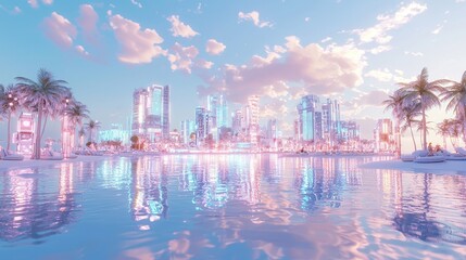 Fototapeta premium Futuristic City Skyline with Palm Trees and Pink Sky