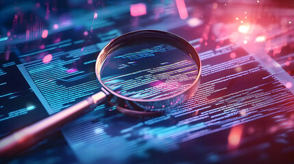 A detailed IT Security Risk Assessment concept depicted with a magnifying glass focused on a document within an abstract technological atmosphere, symbolizing scrutiny and protection.