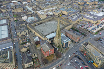 Fototapeta premium Aerial photo of the famous Piece Hall in the Blackledge area of Halifax in Calderdale in West Yorkshire, England, showing the historic stone build building in the town centre.