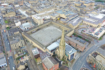 Fototapeta premium Aerial photo of the famous Piece Hall in the Blackledge area of Halifax in Calderdale in West Yorkshire, England, showing the historic stone build building in the town centre.