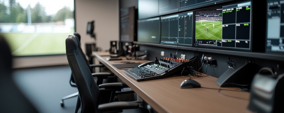 Modern control room with screens and equipment for sports broadcasting, capturing the essence of live event production.