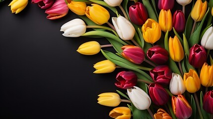 Colorful tulips arranged beautifully on a dark background, creating a vibrant spring display