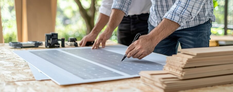 Two individuals collaborating on architectural plans, focusing on detailed designs and project development in a workspace.