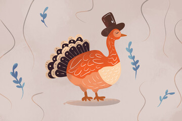 Whimsical illustration of a turkey with a hat in a Thanksgiving theme