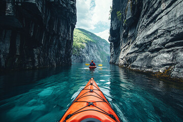 Adventurous kayakers explore majestic fjord with towering cliffs and crystal-clear turquoise waters, showcasing breathtaking natural beauty for eco-tourism promotion and outdoor adventure inspiration