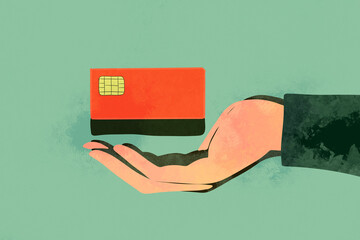 Hand presenting a red credit card on green backdrop