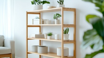A modular bamboo shelving unit with a natural finish showcases clean lines and neutral tones