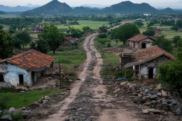 Obraz premium A scenic rural village with a dirt road flanked by traditional houses and lush greenery set against a backdrop of distant hills under a cloudy sky.
