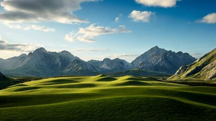 Lush green meadow with rolling hills and majestic mountain peaks at sunset, dramatic clouds casting shadows on pristine alpine landscape. Idyllic nature scene showcasing serene wilderness