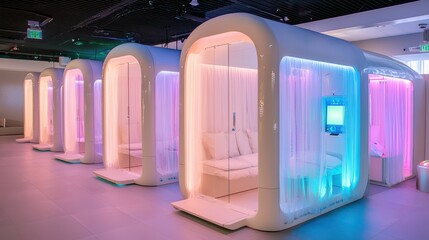 Futuristic Sleep Pods with LED Lights and White Curtains in a Modern Space