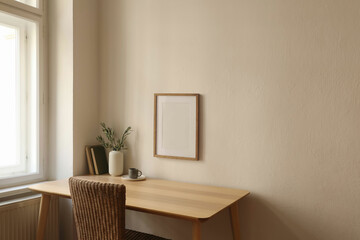 Modern vase with olive branches, old books. Blank vertical wooden picture frame mockup on wall. Home office table near window. Minimal Scandi boho interior. Cup of tea, coffee. Beige wall background.