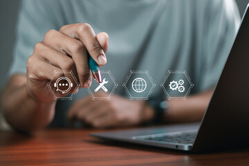 Person touching support icon on virtual screen, Technical support customer service concept, call center and customer service help.