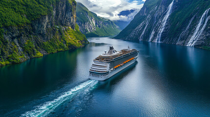 Elegant cruise ship gliding through misty fjords surrounded by lush green mountains, capturing the essence of serene Scandinavian landscapes for promoting luxury nature-focused vacations