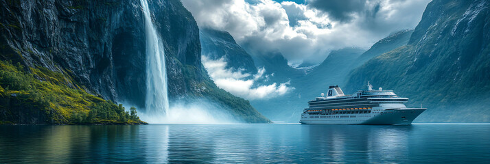 Cruise ship dwarfed by towering cliffs and cascading waterfall in dramatic fjord landscape, perfect for advertising awe-inspiring nature cruises and showcasing Norway's stunning geographical wonders